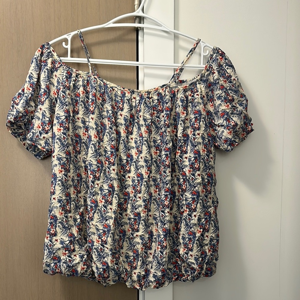 Blue and Pink Smocked Ruffled Blouse